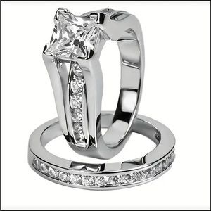 4ct Princess Cut Diamond Lab Created Ring 14k White Gold Plated Bridal Set Women